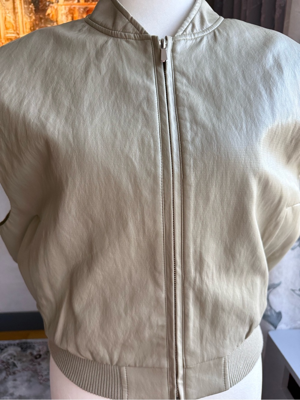 Light Cream Leather Bomber Jacket